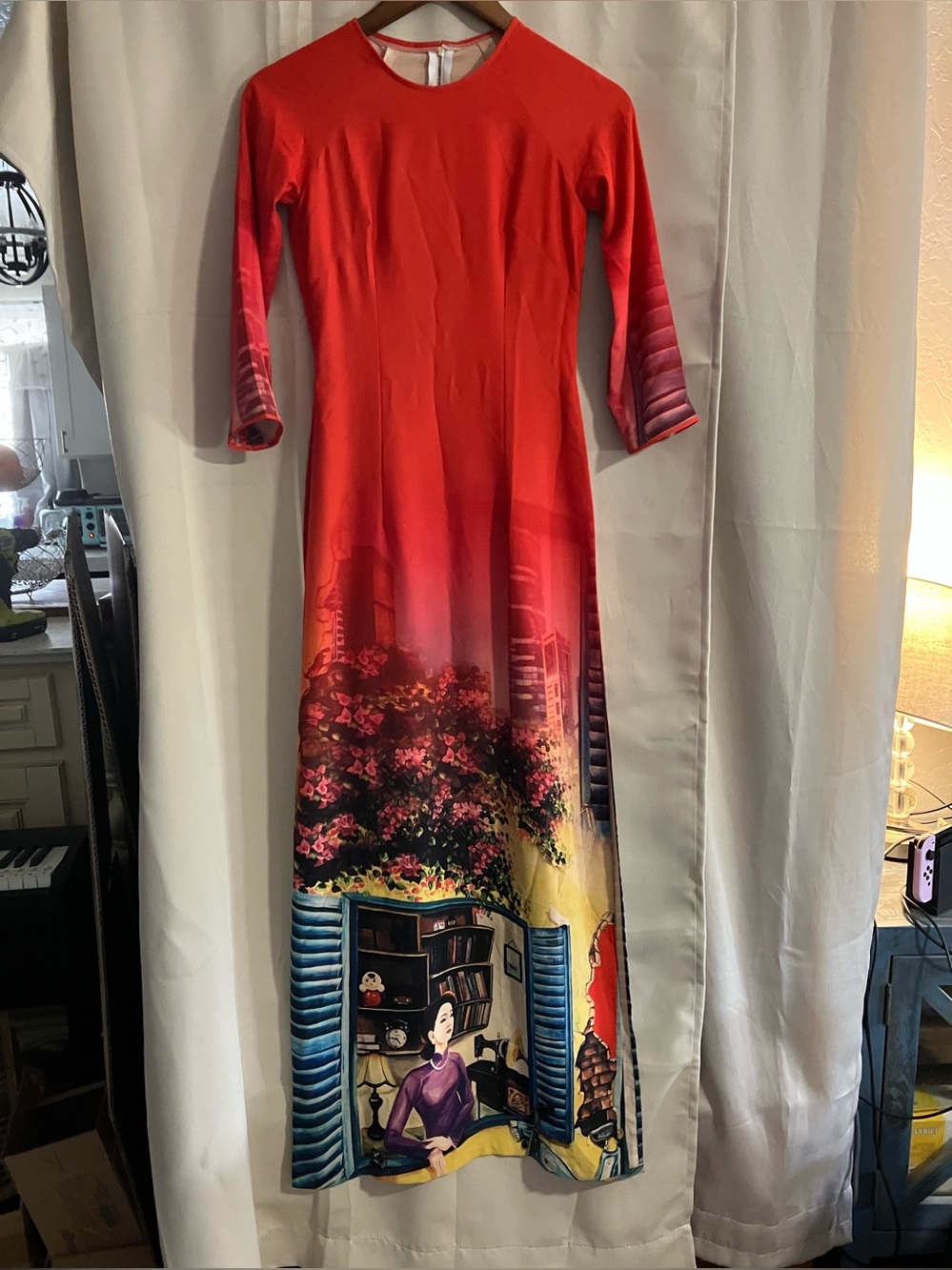 Red Scenic Print Women's tunic Dress with long side slits